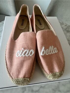 Soludos Pink Linen Espadrilles with 'ciao bella' Embroidery